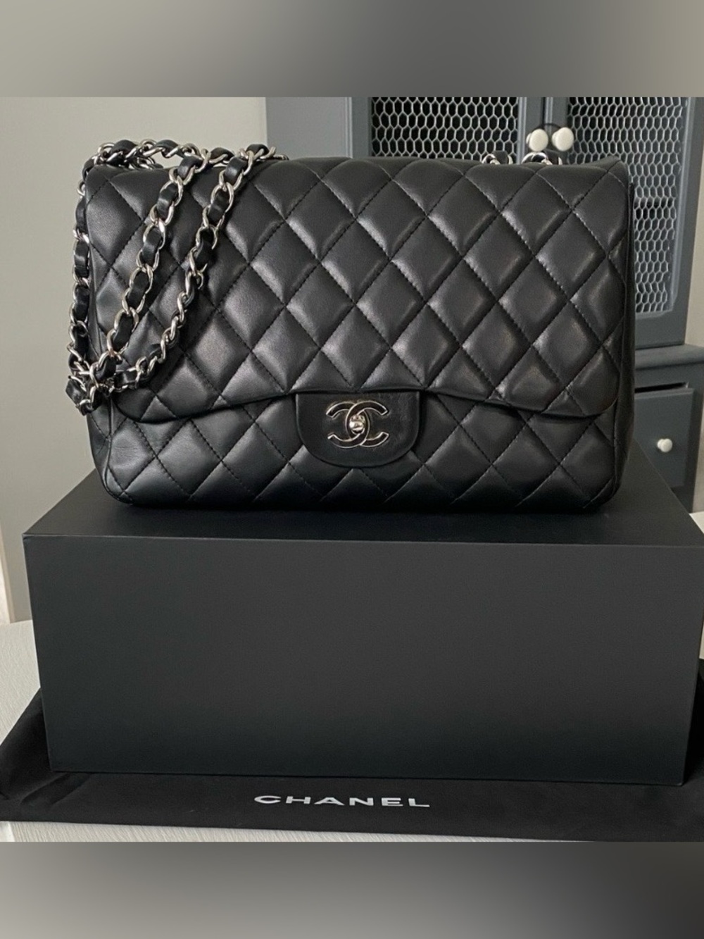 Chanel Black Jumbo Flap Lambskin Leather Silver Hardware Bag Full Set New in Box - Picture 3 of 16